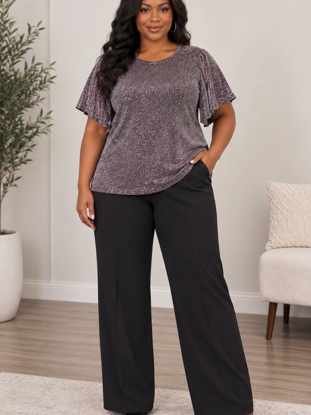 Sparkle Flutter Sleeve Top in Metallic Plum